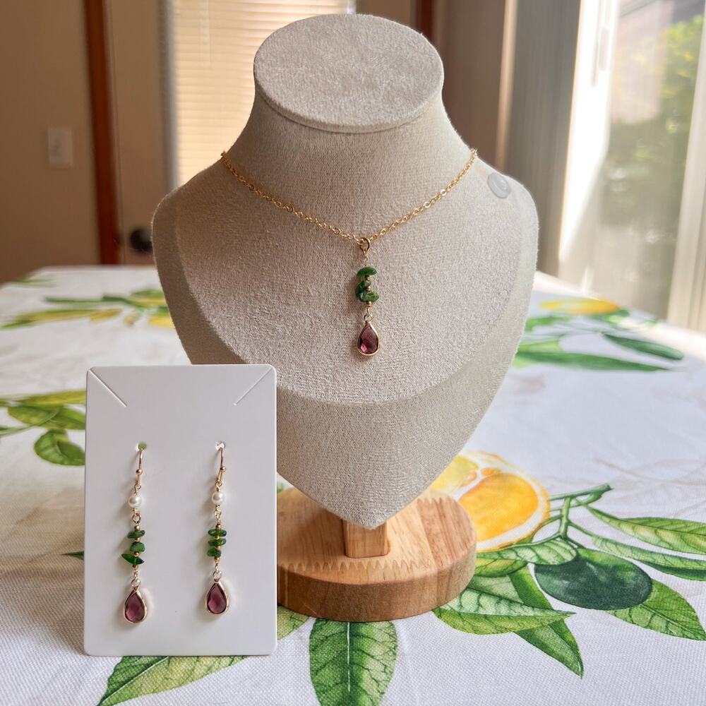 Jewelry Set Green Tourmaline Garnet Pearl Boho Bohemian Minimalist Casual Gift